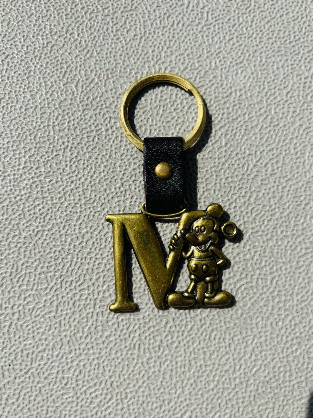 Vintage Disney Brass Mickey Mouse “M” Initial Keychain with Leather Tab